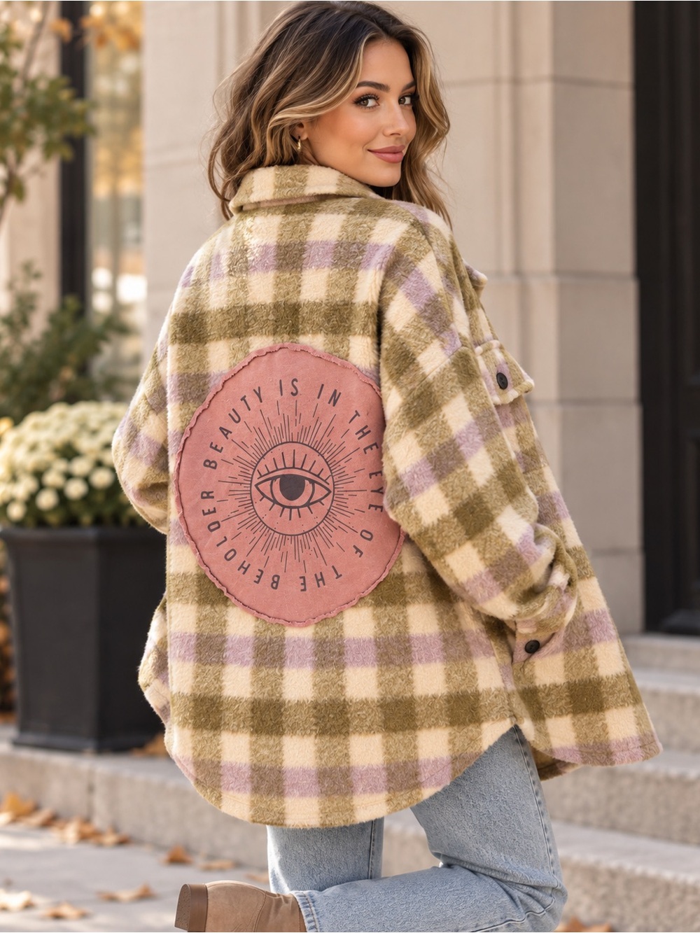 Custom Beauty Zara Plaid Knit Shacket in Cream, Olive & Lavender